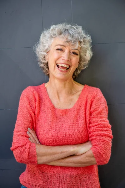 Front Portrait Attractive Middle Aged Woman Laughing Arms Crossed — Stock Photo, Image