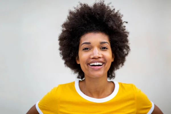 Close Portrait Beautiful Young Black Afro Woman Smiling White Background — Stock Photo, Image