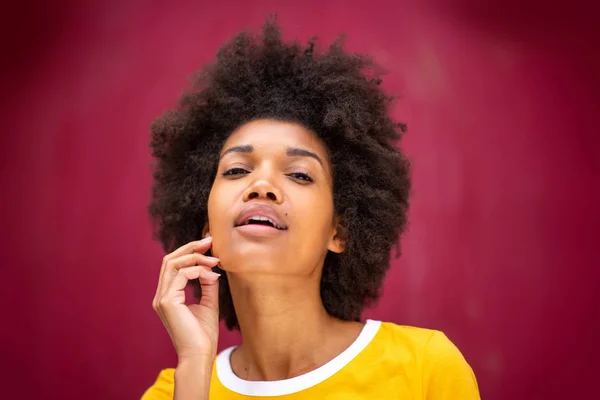Retrato Una Hermosa Modelo Afroamericana Con Peinado Afro Por Fondo —  Fotos de Stock