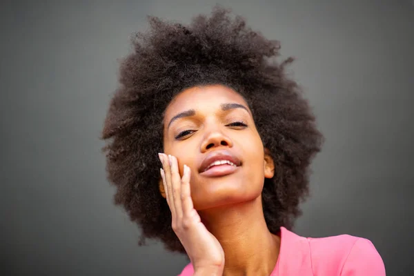 Close Beauty Portrait Young African American Woman Hands Face Gray — Stock Photo, Image