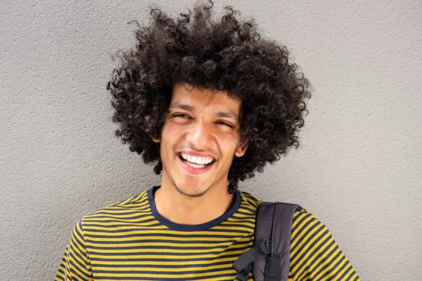 Close Portrait Young Modern Arab Man Afro Hair Laughing Wall — Stock Photo, Image