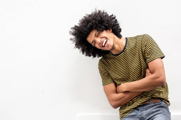 Portrait Cool Young Handsome Man Afro Hair Laughing Arms Crossed — Stok Foto