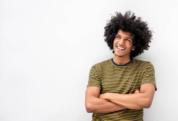 Retrato Fresco Jovem Bonito Homem Com Cabelo Afro Sorrindo Com — Fotografia de Stock