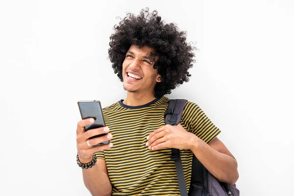 Retrato Joven Fresco Feliz Con Bolso Teléfono Celular Sonriendo Fondo —  Fotos de Stock