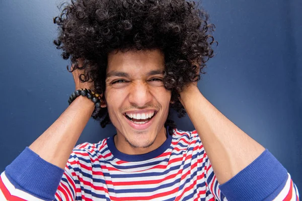 Close Front Portrait Handsome Young Man Hand Afro Hair Smiling — ストック写真