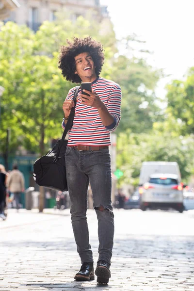 Full Body Portrait Happy North African Guy Holding Mobile Phone — Stock Photo, Image