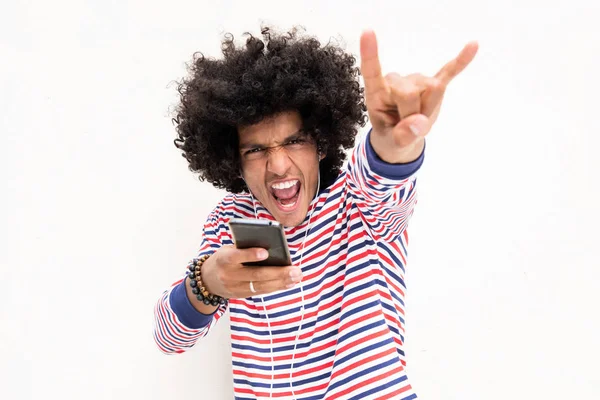 Retrato Legal Jovem Árabe Homem Com Cabelo Afro Ouvir Música — Fotografia de Stock
