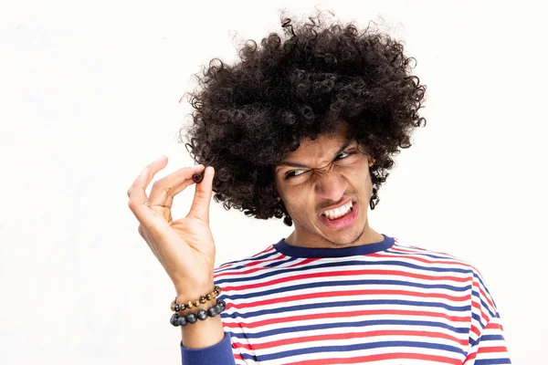 Retrato Jovem Norte Africano Com Expressão Facial Frustrada Enquanto Olha — Fotografia de Stock