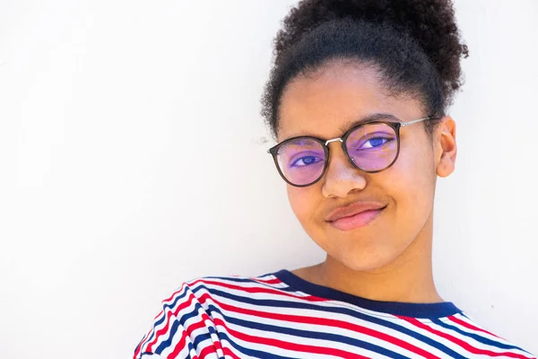 Close Portrait Smiling Young Mixed Race Girl Glasses White Wall — Stock Photo, Image