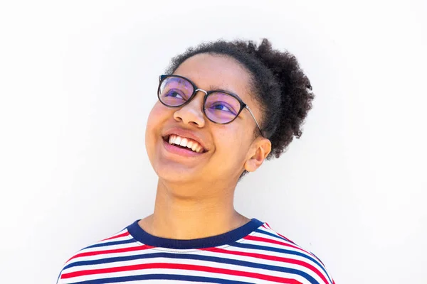 Крупним Планом Горизонтальний Портрет Усміхненої Афроамериканської Дівчини Підлітка Білому Тлі — стокове фото