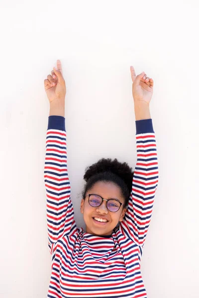 Portrait Happy Young African American Girl Glasses Raised Arms Pointing — Stock Photo, Image