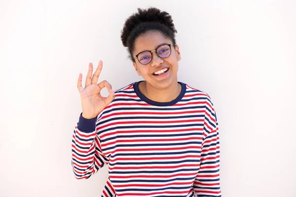 Portrait Cute African American Girl Glasses Hand Sign — Stock Photo, Image