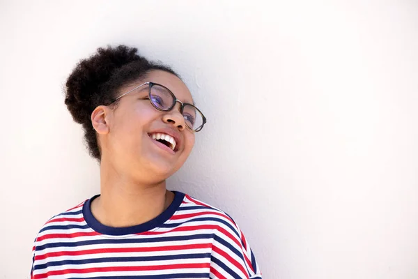 Close Portrait Young African American Girl Glasses Laughing White Background — Stock Photo, Image