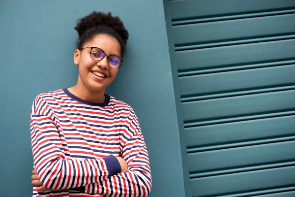 Portrait Smiling African American Teenage Girl Glasses Arms Crossed Blue — Stock Photo, Image