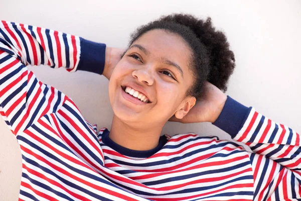 Close Horizontal Portrait African American Girl Smiling Hands Head White — Stock Photo, Image