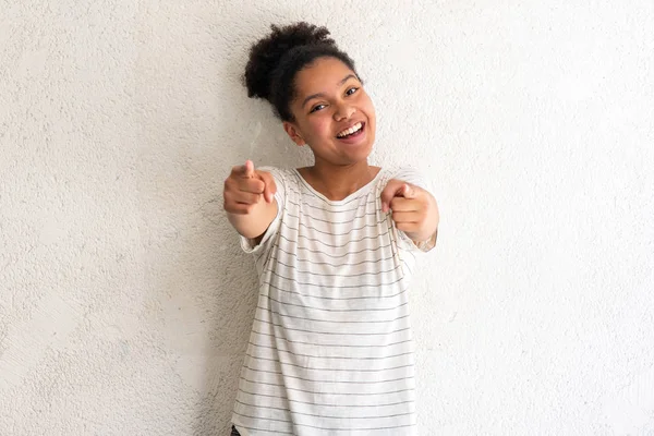 Portrait Cheerful Young African American Girl White Background Arms Raised — Stock Photo, Image