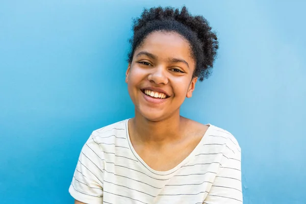 Close Portrait Happy Young African American Girl Blue Background — Stock Photo, Image