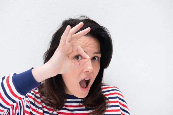 Close Portret Van Jonge Vrouw Met Hand Cirkel Teken Voor — Stockfoto