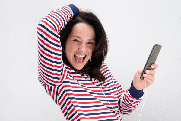 Portrait Happy Young Woman Listening Music Mobile Phone Earphones Hand — Stock Photo, Image