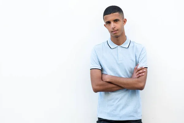 Portrait Young Arabic Man Posing White Background Arms Crossed — Stok Foto