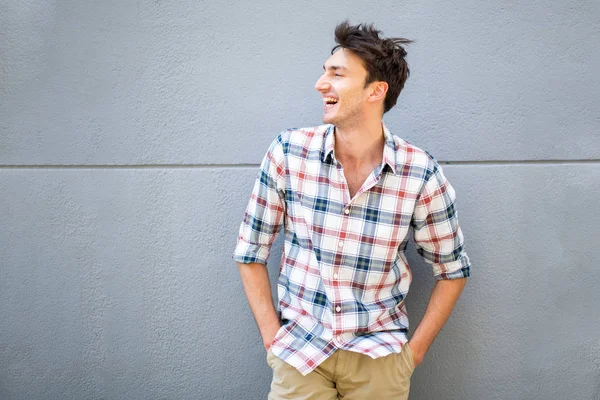 Portrait Handsome Young Man Posing Gray Wall Laughing — Stock Photo, Image