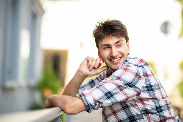 Close Side Portrait Handsome Young Man Leaning Railing Smiling — Stock Photo, Image