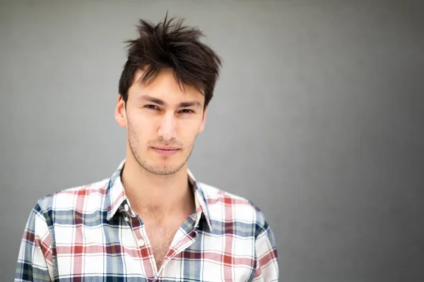 Close Front Portrait Serious Handsome Young Man Gray Background — Stock Photo, Image