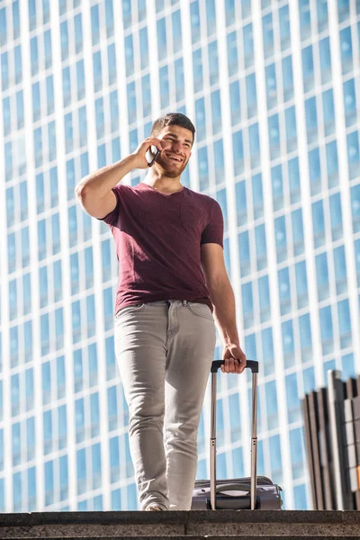 Full Body Portrait Travel Man Suitcase Talking Cellphone City — Stock Photo, Image