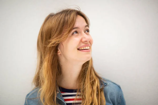 Close Portrait Young Woman Long Blond Hair Smiling Looking Away — Stock Photo, Image