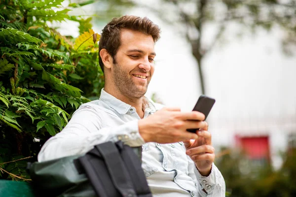 Close Portrait Handsome Man Sitting Looking Mobile Phone While Sitting — 스톡 사진