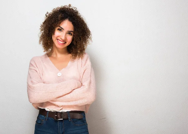 Portrait Beautiful Young African American Woman Smiling Arms Crossed White — Stock Photo, Image