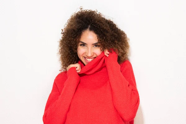 Portrait Happy Young African American Woman Holding Sweater — Stock Photo, Image