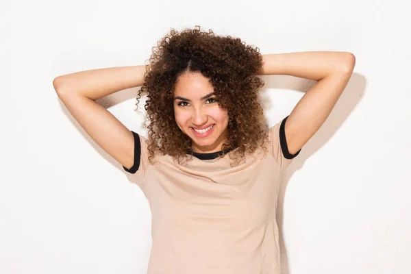 Portrait Beautiful Young Mixed Race Woman Smiling Hands Head — Stock Photo, Image