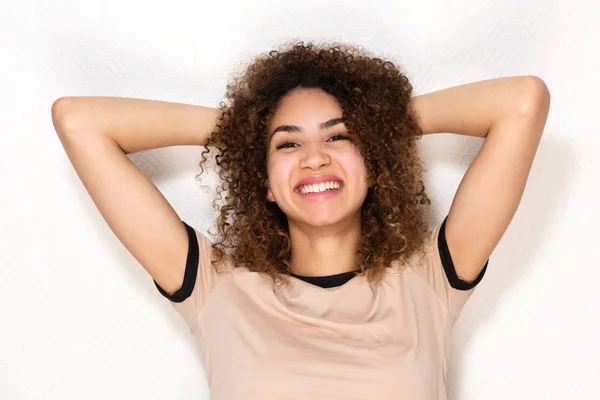 Close Portrait Cool Young Mixed Race Woman Smiling Hands Head — Stock Photo, Image