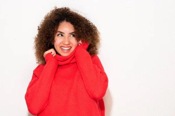 Portrait Happy Young African American Woman Holding Sweater Looking Away — Stock Photo, Image