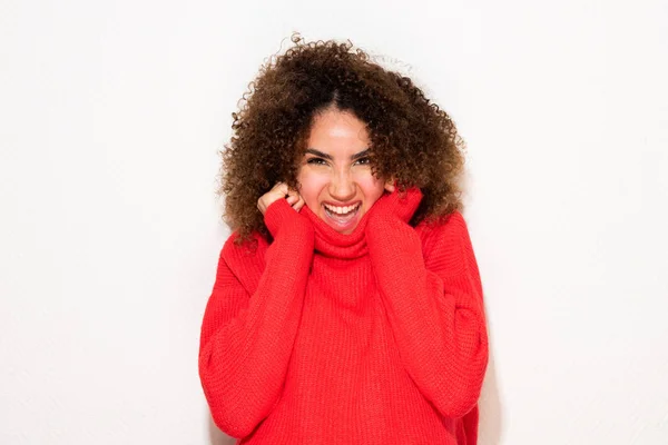 Portrait Happy Young African American Woman Laughing Red Sweater White — Stock Photo, Image