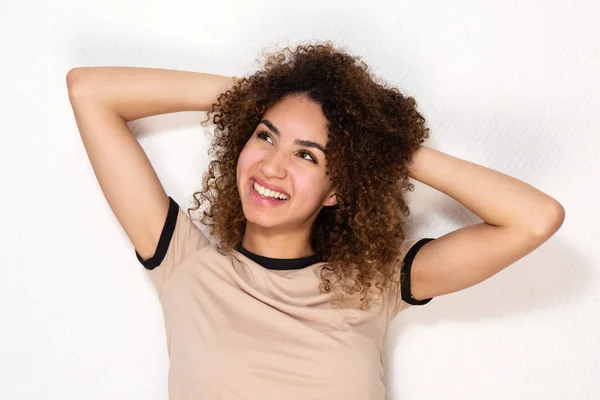 Close Portrait Relaxed Young Woman Smiling Hands Head — Stock Photo, Image