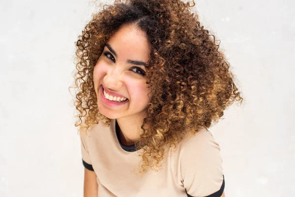 Close Portrait Cheerful Young Woman Curly Hair White Background — Stock Photo, Image