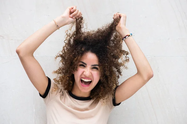 Close Portrait Fun Young Woman Pulling Curly Hair — Stock Photo, Image