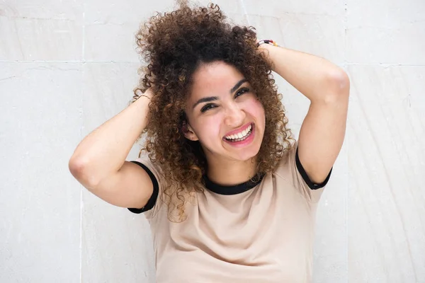 Close Portrait Happy Young African American Woman Hands Head Laughing — Stock Photo, Image