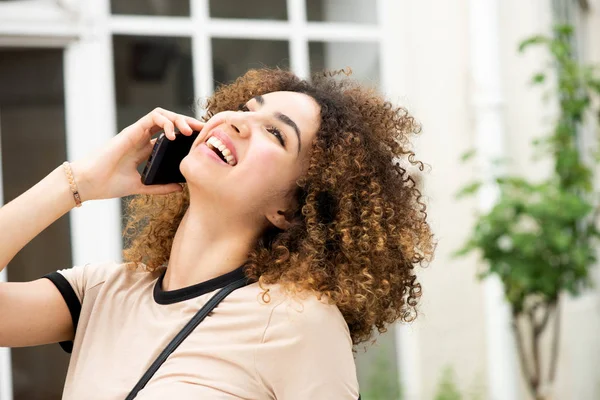 Close Portrait Happy Young Woman Curly Hair Talking Cellphone Looking — Stock Photo, Image