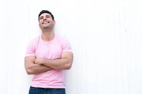 Retrato Joven Guapo Con Expresión Cara Feliz Brazos Cruzados Por — Foto de Stock