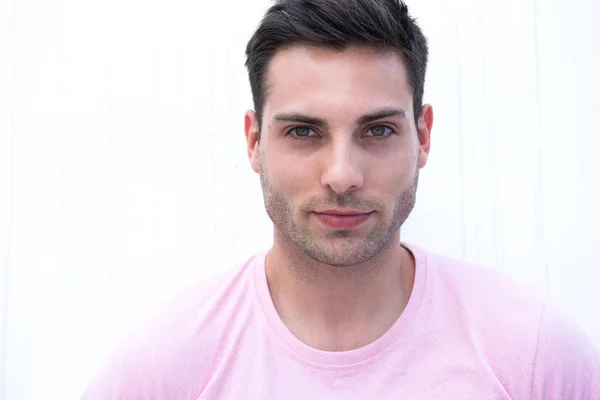 Close Horizontal Portrait Handsome Young Man Serious Face Expression White — Stock Photo, Image