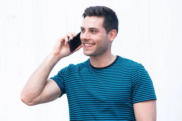 Portrait Happy Young Guy Talking Mobile Phone White Background — Stock Photo, Image