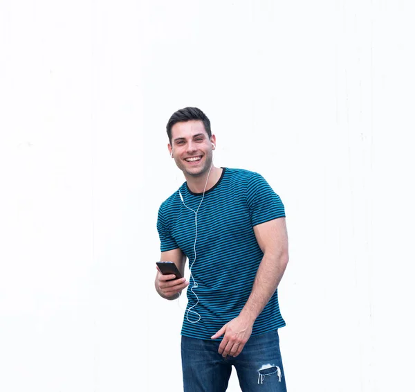 Retrato Joven Feliz Escuchando Música Con Teléfono Celular Auriculares Por — Foto de Stock