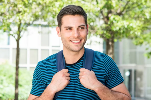 Close Portrait Handsome Young Man Smiling Backpack — Stock Photo, Image