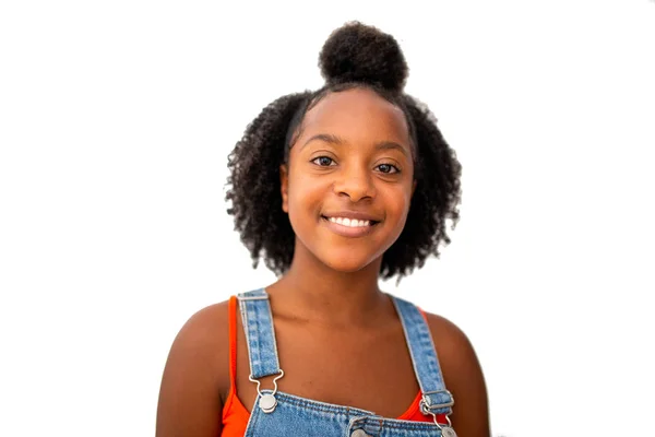Close Portrait Smiling Young African American Woman Smiling Isolated White — Stock Photo, Image