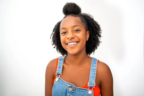 Close Portrait Happy Young Black Girl Smiling Isolated White Background — Stock Photo, Image