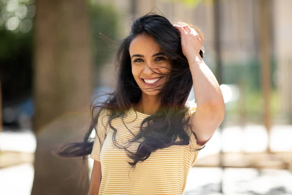 Portrait Happy Young Hispanic Woman Smiling Hand Hair — Stock Photo, Image