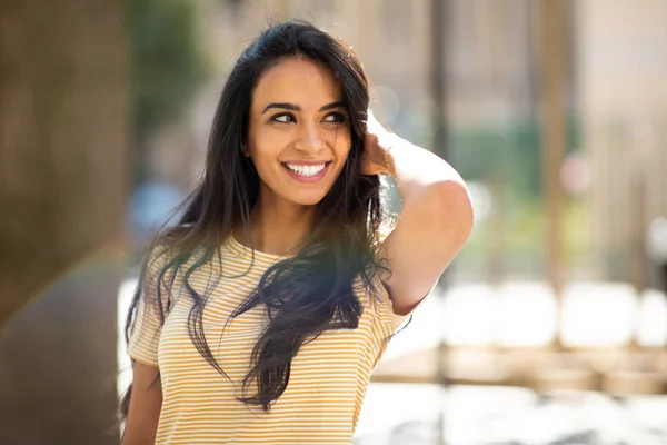 Portrait Happy Young Hispanic Woman Smiling Hand Hair Looking Away — Stock Photo, Image